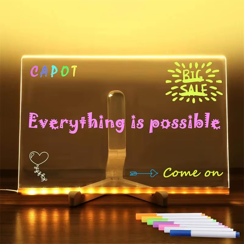 Led Note Board with Colors Led Letter Message Board Note Glass with 7 Colorful Pens Erasable Neon Sign Clear Glass Writing Board